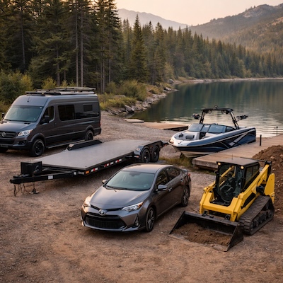 Outdoor rental vehicles and equipment near a lakeside setting.